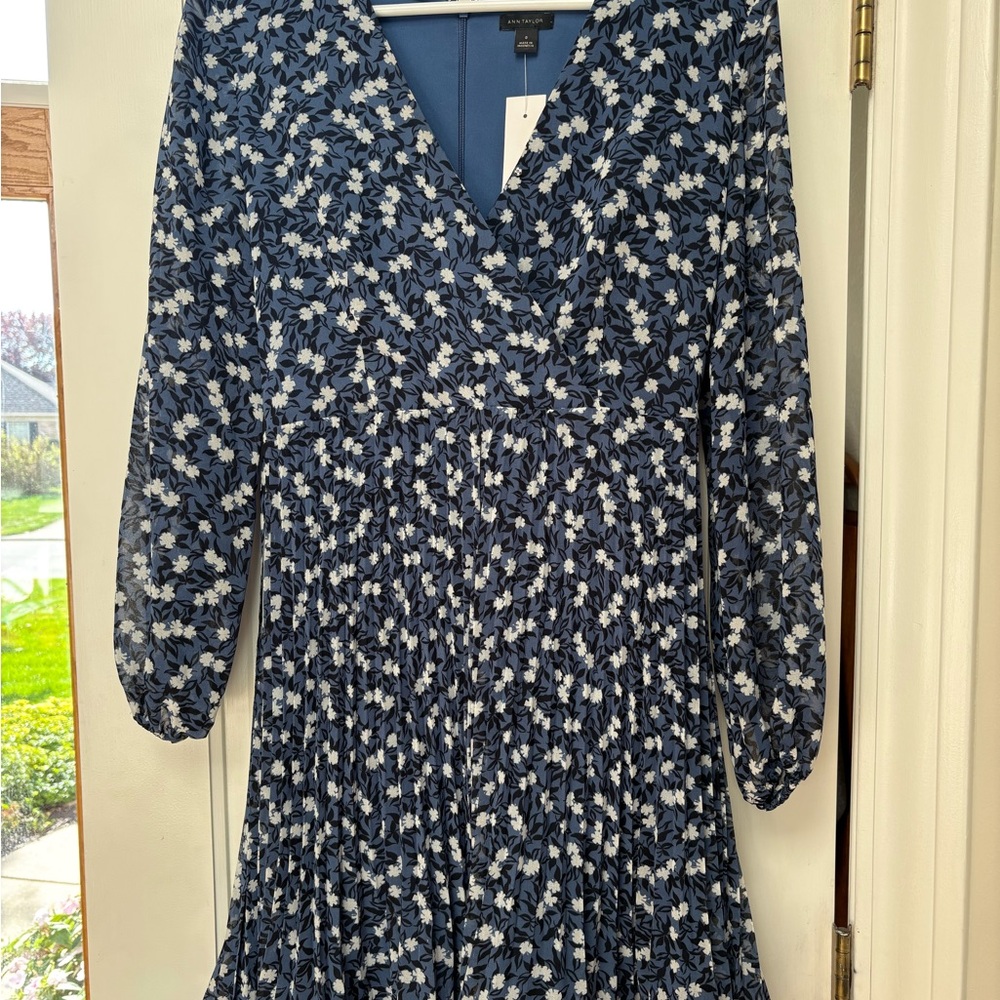 Ann Taylor Blue and White Floral Long Sleeve Dress